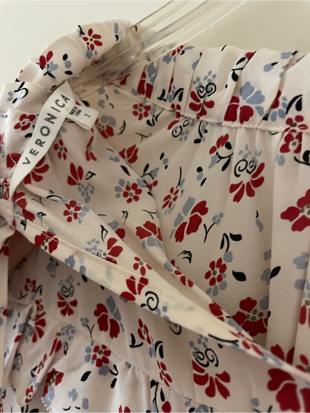 Veronica Beard White Blouse with Red and Light Blue Floral Print